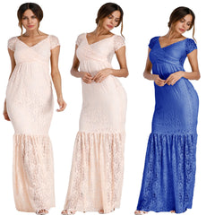 Three models wear floor-length lace mermaid dresses with cap sleeves and V-necklines.