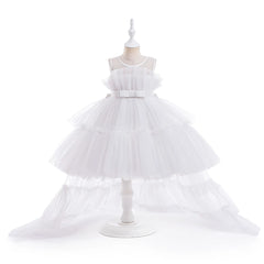 Red Puffy Tulle Flower Girls Dress Trailing First Communion Party Dresses For Girl Children Costume Princess Birthday Clothes