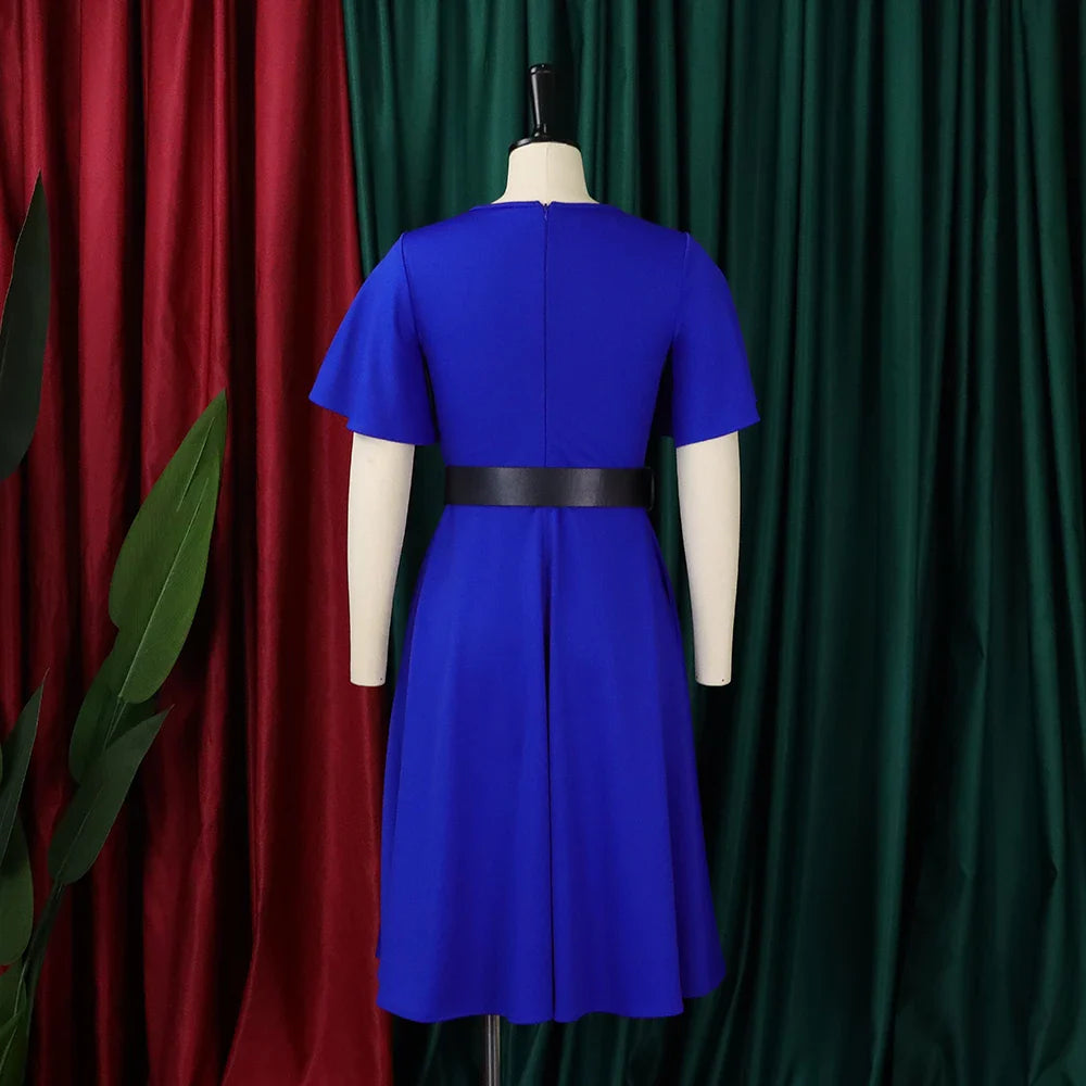 A royal blue V-neck midi dress with butterfly sleeves and a black waist belt on a mannequin.