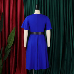A royal blue V-neck midi dress with butterfly sleeves and a black waist belt on a mannequin.