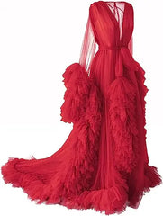 Deep V-neck lace maternity dress with tulle, long sleeves, feather details, and hollow horn accents, ideal for photo shoots.
