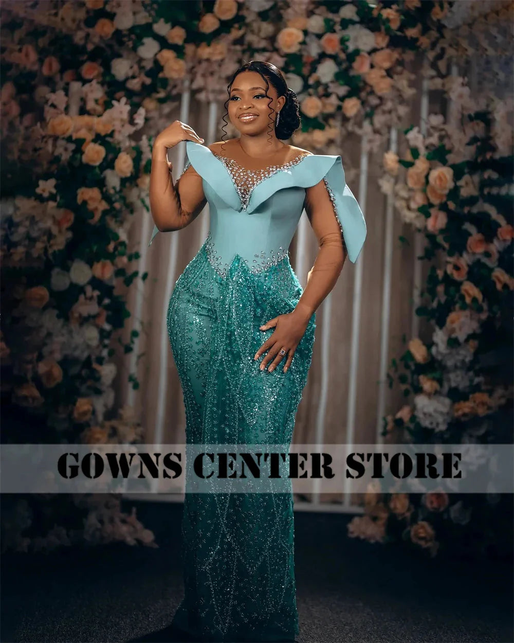 Enchanting Turquoise Beaded Aso Ebi Evening Dresses Mesh Long Sleeves African Party Dress Women Mermaid Formal Customized SHOWLU FASHION STORE