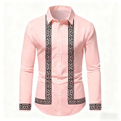 Men's Retro Geometric Print Long-Sleeve Shirt, Stylish Black and White Color-Blocked Slim Fit Shirt, Casual and Versatile Top