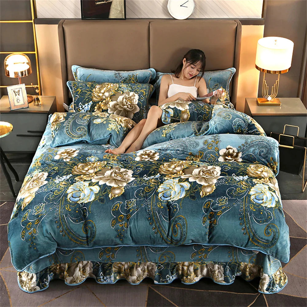 Winter Warm Coral Velvet Bedding Sets Home Double-Sided Thickened Flannel Four-Piece Set Quilt Cover Sheet Milk Velvet Bed Skirt SHOWLU FASHION STORE