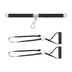 A gym workout attachment set featuring a straight bar with a carabiner and two nylon strap handles.