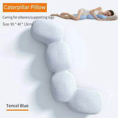 A blue, segmented caterpillar-shaped memory foam body pillow for side sleeping.