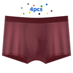 A pair of maroon men's boxer briefs made of breathable mesh fabric with a solid center panel.