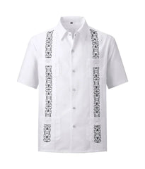 White Men's Guayabera Shirts Fashion Embroidered Short Sleeve Shirts for Men Mexican Cuban Shirts with Four Pockets