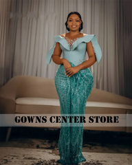 Enchanting Turquoise Beaded Aso Ebi Evening Dresses Mesh Long Sleeves African Party Dress Women Mermaid Formal Customized SHOWLU FASHION STORE