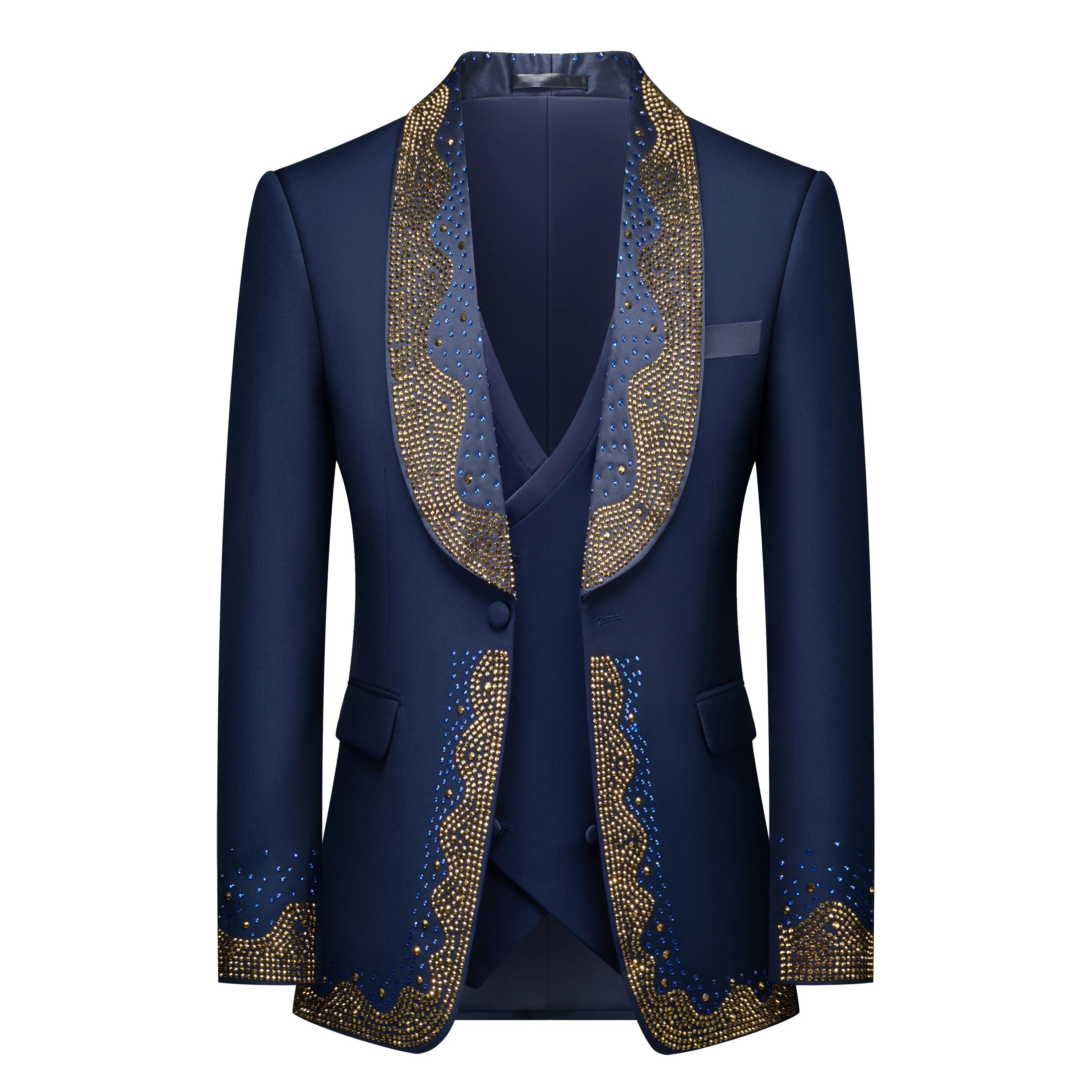 A navy blue three-piece suit featuring gold and blue bead embellishments on the lapels and cuffs.