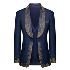A navy blue three-piece suit featuring gold and blue bead embellishments on the lapels and cuffs.