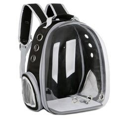 A black and transparent pet backpack carrier with mesh side panels and ventilation holes.