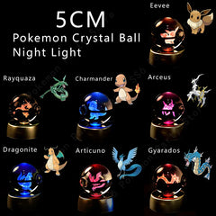 A collection of eight spherical glass night lights featuring laser-etched Pokemon figures.