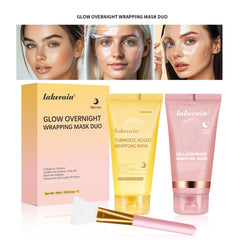 A Lakerain glow overnight wrapping mask duo set with a yellow tube, pink tube, and applicator brush.