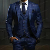 New Plaid Navy Blue Men Suit Groom Groomsman Wedding Party Formal Business Prom Male Tuxedos 3 Piece Set Blazer Vest Pants