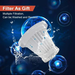 A white pleated cylindrical vacuum cleaner filter is shown against a blue background with water bubbles.