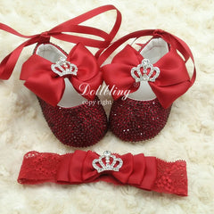Dollbling Girls Pink Crown Ballerina Baptism Shoes Infant Dazzling Shoes Dress Handmade Mommy Daughter Outfit Bling Botties