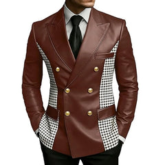 Men’s Brown Leather Blazer With Houndstooth Sides Vintage Two-Tone Double Breasted Slim Fit Gold Buttons Leather Tuxedo Jacket