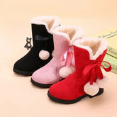 Children's Winter Boots for Girls Princess Medium Big Kids Snow Boots Warm Fur Bowtie with Hairball Cute Sweet Plush Suede Boots SHOWLU FASHION STORE