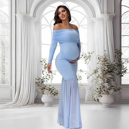 Maternity Dresses Photoshoot Off-Shoulder Slits Fishtail Hem Baby Shower Clothes For Pregnant Woman Evening Party Elegant Gown