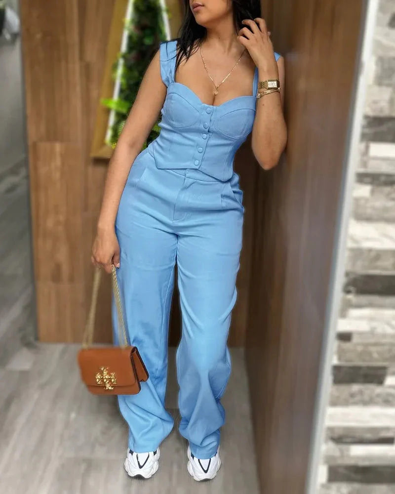 Elegant Women 2 Piece Thick Strap Button Front Slim Fit Tank Top and High Waist Wide Leg Pants Casual Outfit Set SHOWLU FASHION STORE