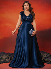 XUIBOL Plus Size Elegant V-Neck Green Sequin Evening Dress Long Luxury Women Satin Short Sleeves Party Prom Cocktail Dress SHOWLU FASHION STORE