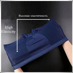 A pair of blue seamless men's boxer shorts made from breathable, high-elasticity knit fabric.