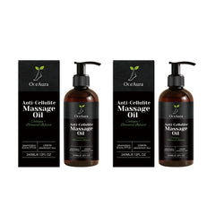 Two bottles of OceAura anti-cellulite massage oil with matching boxes on a white background.
