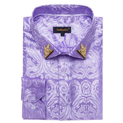 Men's Patterned Brocade Shirt with Gold Crown Collar Accents: Perfect for Luxury Galas, Formal Weddings