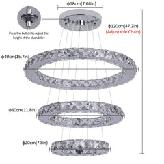 A three-tiered circular crystal LED chandelier with adjustable hanging cables.