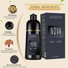A bottle and box of Nova black hair dye shampoo displayed with its herbal ingredients.