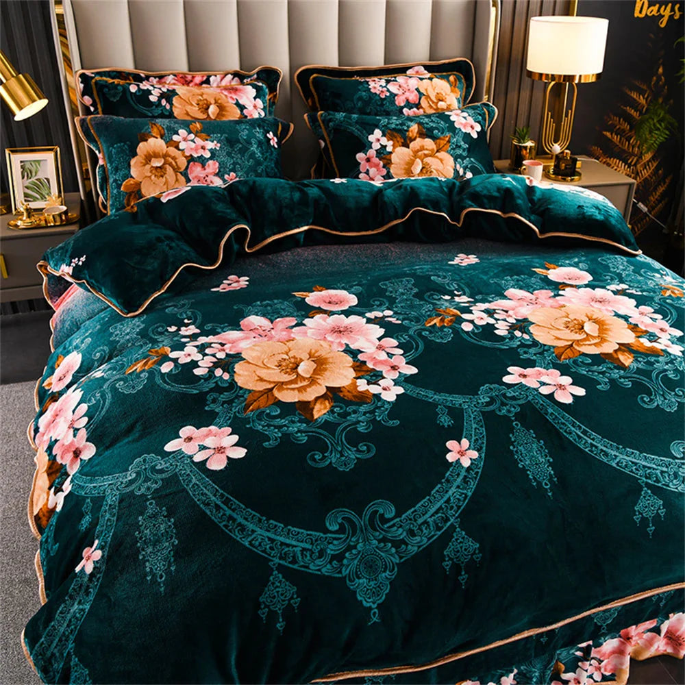 Winter Warm Coral Velvet Bedding Sets Home Double-Sided Thickened Flannel Four-Piece Set Quilt Cover Sheet Milk Velvet Bed Skirt SHOWLU FASHION STORE