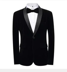 A black velvet slim-fit tuxedo blazer with a shawl lapel and a single-button closure.