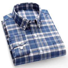 100% Pure Cotton Oxford Men's Shirts Long Sleeve Plaid Soft Regular Fit Formal Dress Shirt Social Blouse Male Clothes 6XL 7XL
