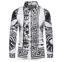 A men's long-sleeve button-down shirt featuring a black and white geometric and floral print.