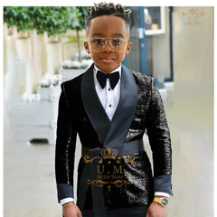 Boys' shiny suit 2-piece set (jacket+pants) gold sequin shawl lapel waistband custom children tuxedo for wedding banquet party