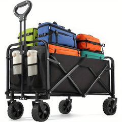 A black foldable beach cart loaded with colorful bags and two water bottles in side pockets.