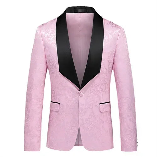 A light pink floral patterned men's tuxedo jacket with a black shawl lapel and single button.
