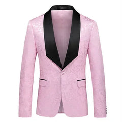A light pink floral patterned men's tuxedo jacket with a black shawl lapel and single button.