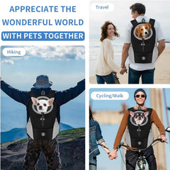 A breathable mesh pet carrier backpack shown in use for hiking, travel, and cycling.