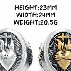 Two stainless steel rings featuring a Sacred Heart and cross design with dimensions listed above.
