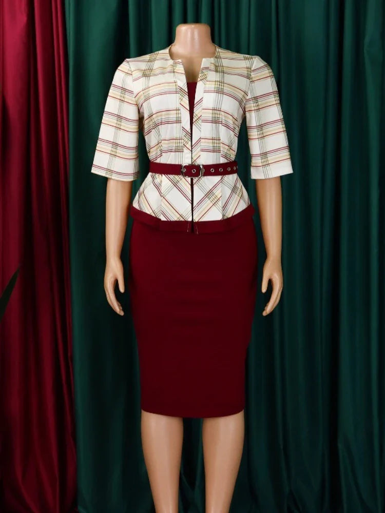 A slim-fit midi dress featuring a plaid V-neck top, half sleeves, and a solid maroon pencil skirt.