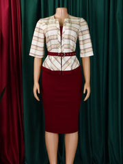 A slim-fit midi dress featuring a plaid V-neck top, half sleeves, and a solid maroon pencil skirt.