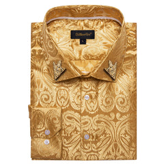 Men's Patterned Brocade Shirt with Gold Crown Collar Accents: Perfect for Luxury Galas, Formal Weddings