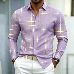 2026 men's shirt with fashionable printed lines, checkered long sleeved shirt, lapel, slim fit, business casual men's shirt