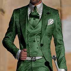 Jacquard men's 3-piece suit by Showlu Fashion, featuring a slim fit tuxedo jacket, pants, and vest for formal occasions.