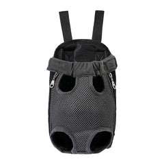 A grey mesh pet carrier backpack with adjustable straps and leg openings for small dogs or cats.