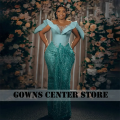 Enchanting Turquoise Beaded Aso Ebi Evening Dresses Mesh Long Sleeves African Party Dress Women Mermaid Formal Customized SHOWLU FASHION STORE