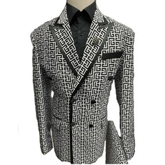A double-breasted men's suit jacket featuring a black and white geometric jacquard pattern.