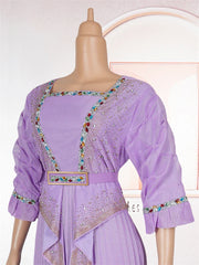 A lavender long-sleeved dress featuring a square neckline, a belted waist, and colorful rhinestone embellishments.